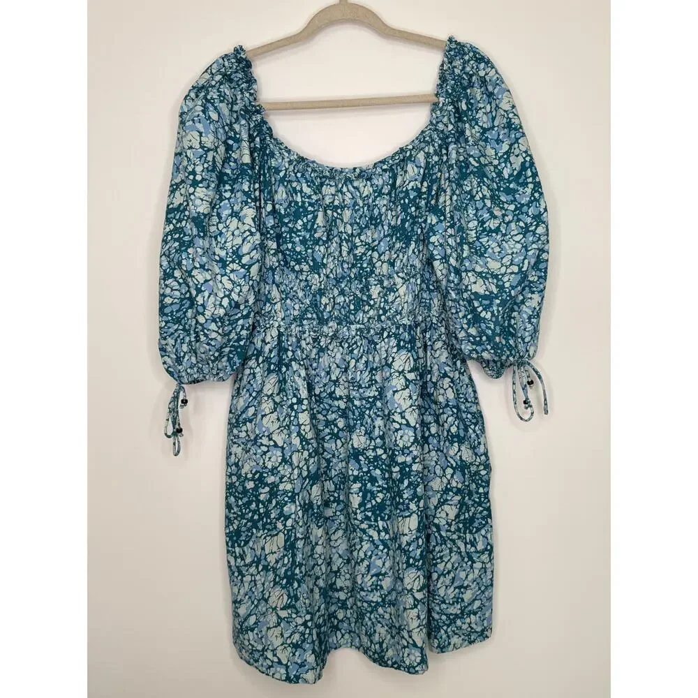 House of Harlow 1960 Blue Cotton Puff Sleeve cottagecore boho Mini Dress XL